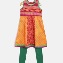 Twisha Girls Orange & Green Printed Kurta with Churidar-image-6