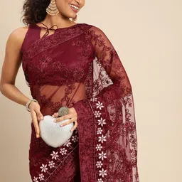 HERE&NOW Ethnic Motifs Embroidered Net Saree-picture-24