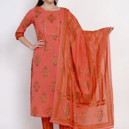 Yuris Women Peach-Coloured & Gold-Toned Printed Kurta with Trousers & Dupatta-image-63