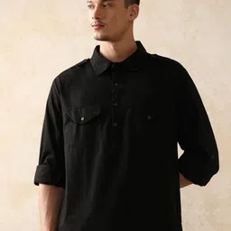 Moara Shirt Collar Pure Cotton Solid Pathani Kurta-picture-0