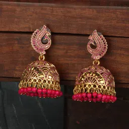 ANIKAS CREATION Magenta & Gold-Toned Dome Shaped Jhumkas-picture-24