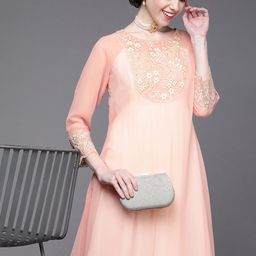 Inddus Pink & White Floral Embroidered Georgette Maxi Dress with Inner-43