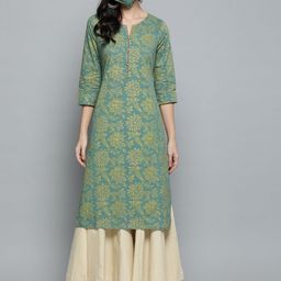 HERE&NOW Women Green & Golden Printed Straight Kurta-image-25