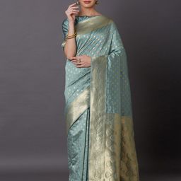 Mitera Grey & Turquoise Blue Silk Blend Woven Design Kanjeevaram Saree-picture-48