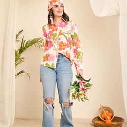 WineRed Floral Print Cotton Shirt Style Top-image-52