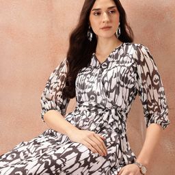 all about you Printed Puff Sleeve Belted Wrap Dress-image-93