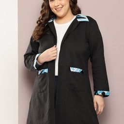 Qurvii+ Plus Size Printed Front-Open Longline Fleece Trench Coat With Patchwork Detail-10