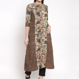 Indibelle Women Grey & Orange Printed A-Line Kurta-picture-30