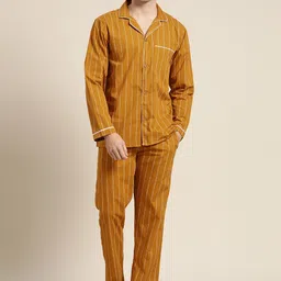 Hancock Men Mustard Yellow Pure Cotton Striped Pyjama Set-image-38