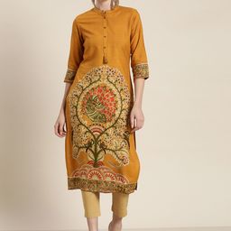 Juniper Women Mustard Yellow Ethnic Motifs Printed Straight Kurta-image-76