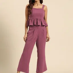 WoowZerz Women Solid Peplum Top with Palazzos Co-Ords-18