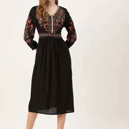 MISRI Floral Embroidered Puff Sleeves Fit & Flare Midi Dress-image-89