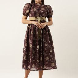 Ethnovog Maroon  Beige Floral Printed A-Line Midi Dress-image-30