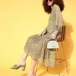 plusS Women Brown Floral Volume Play Dress-image-40