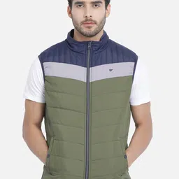 t-base Men Olive Green & Grey Colourblocked Lightweight Padded Jacket-29