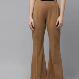 RARE Women Camel Brown Solid Flared Trousers-image-72