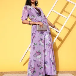 Inddus Purple & Lavender Maxi Dress With Floral Printed Jacket-image-54