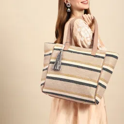 Anouk Striped Tasselled Oversized Shopper Tote Bag-image-37