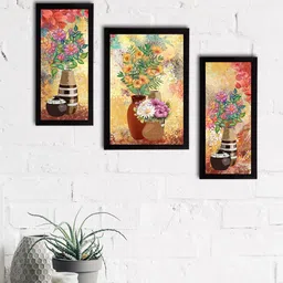 eCraftIndia Set of 3 Cream-Coloured & Yellow Botanical and Floral Satin Matt Textured UV Art Paintings-34