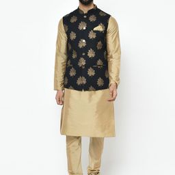 KISAH Men Gold-Toned & Beige Solid Kurta with Churidar & Nehru Jacket-picture-43
