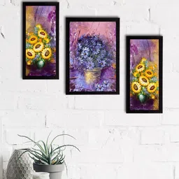 eCraftIndia Set of 3 Blue & Purple Botanical & Floral Satin Matt Textured UV Wall Paintings-1