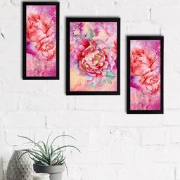 eCraftIndia Set of 3 Pink & Red Botanical & Floral Satin Matt Textured UV Wall Paintings-10
