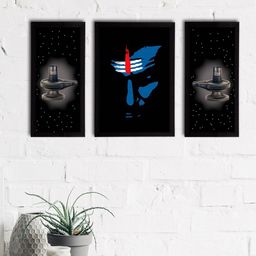 eCraftIndia Set of 3 Black & Blue Lord Shiva Satin Matt Textured UV Wall Paintings-11