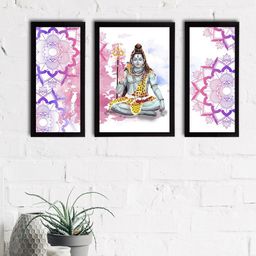 eCraftIndia Set of 3 White & Blue Lord Shiva Satin Matt Textured UV Wall Paintings-25
