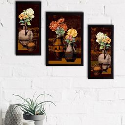 eCraftIndia Set of 3 Brown & Yellow Botanical and Floral Satin Matt Textured UV Art Paintings-2