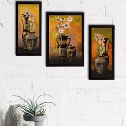 eCraftIndia Set of 3 Green & Beige Botanical & Floral Satin Matt Textured UV Wall Paintings-35