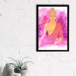 eCraftIndia Pink & Beige Meditating Lord Buddha Printed Satin Matt Textured UV Wall Art-image-57