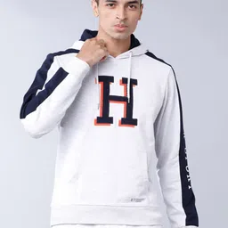 HIGHLANDER Men Grey & Navy Blue Printed Hooded Sweatshirt-image-1