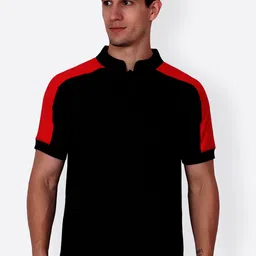 Cation Men Black Colourblocked Mandarin Collar T-shirt-picture-17