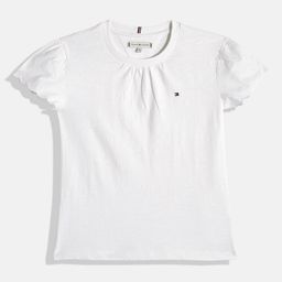 Tommy Hilfiger Girls Solid Gathered Or Plated Schiffli Pure Cotton Top-image-124