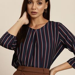 her by invictus Navy Blue & Maroon Round Neck Striped Top-image-72