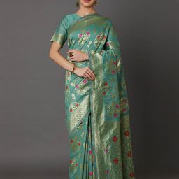 Mitera Teal Green Silk Blend Woven Design Kanjeevaram Saree-image-70