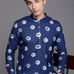 Manyavar Men Blue & White Bandhani Printed Short Kurta-image-29