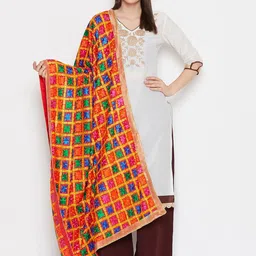 WEAVERS VILLA Red & Yellow Phulkari Embroidered Dupatta-22