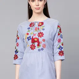 Bhama Couture Women Blue & White Striped Floral Embroidered Regular Pure Cotton Top-image-82