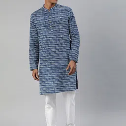 THE BEAR HOUSE Men Blue & White Printed Straight Kurta-54
