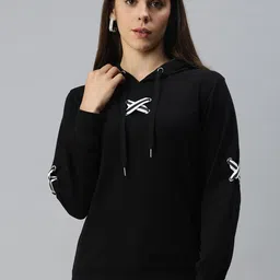 Campus Sutra Women Black Solid Hooded Sweatshirt-picture-11