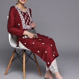 Libas Women Maroon Pashmina Wool Floral Embroidered Yoke Detail Straight Kurta-image-64