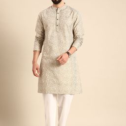 Anouk Men Off- White & Gold-toned  Floral Printed Pure Cotton Kurta with Trousers-picture-20