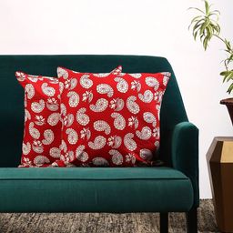 Contrast Living Set Of 2 Red & Off-White Printed Square Cushion Covers-5