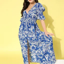 SCORPIUS Women Stunning Blue Floral Waisted Dress-image-25