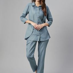 Cottinfab Women Blue Solid Shirt with Trousers-picture-33