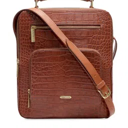 Hidesign Men Tan Brown Crocodile Print Textured Messenger Bag-image-48