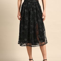 Athena Women Black Floral flock A-Line slit skirt-image-33