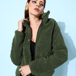 The Roadster Life Co. Women Olive Green Mock Collar Fur Tailored Jacket-image-13
