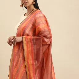 Shaily Orange & Gold-Toned Woven Design Cotton Silk Dupatta-picture-32